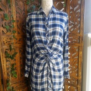 Navy Plaid Flannel Grunge Twist Front Dress, Women's  L.